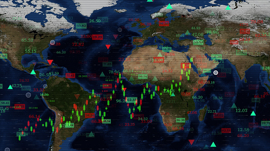 A grid of red and green prices and charts on a world map