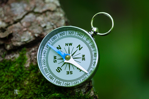 Hand holding compass, business or economy direction, world exploration or decision concept.