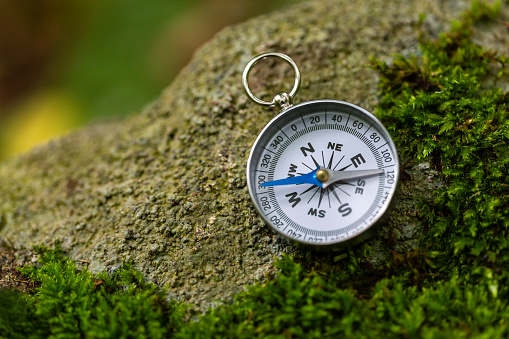 Close Up Of Compass on Mossy Rock