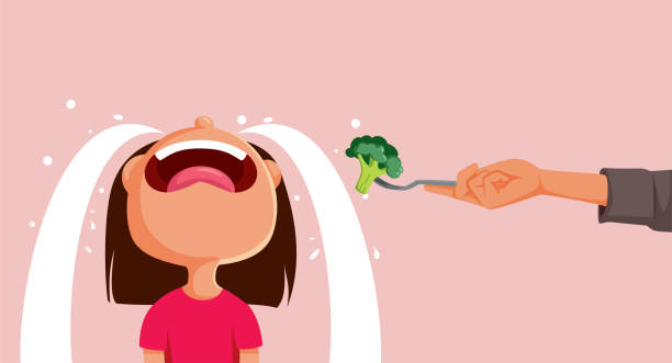 kleinkindmädchen weint und weigert sich, brokkoli zu essen vektor cartoon illustration - eating obsessive child toddler stock-grafiken, -clipart, -cartoons und -symbole