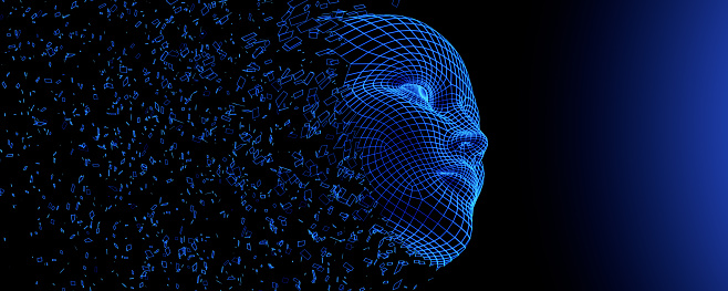 Digital human face. Artificial intelligence AI. Dispersion dissolve disintegration. 3d Render illustration.