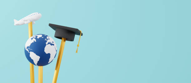 istock Pencils with world plane and graduation cap with copy space 3D render 1404959769