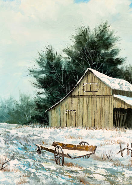 Winter Landscape and Wooden Wagon Oil Painting Oil painting of an old barn house and wooden wagon in winter landscape. Christmas Holiday or Old West concept. christmas oil painting stock illustrations