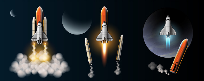 Rockets are launched to take spacecraft to outer space. Rocket launch isolated images set. Space mission rockets with smoke on background. Vector illustration in 3D style