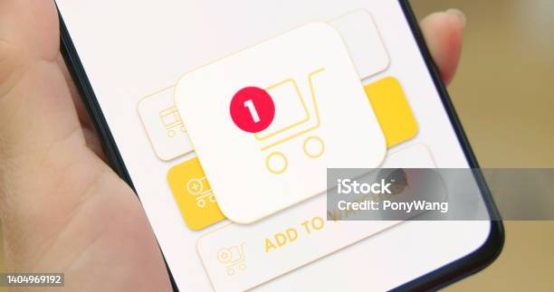 Add To Cart On Mobile Stock Photo - Download Image Now - Device Screen, Shopping Cart, Cart