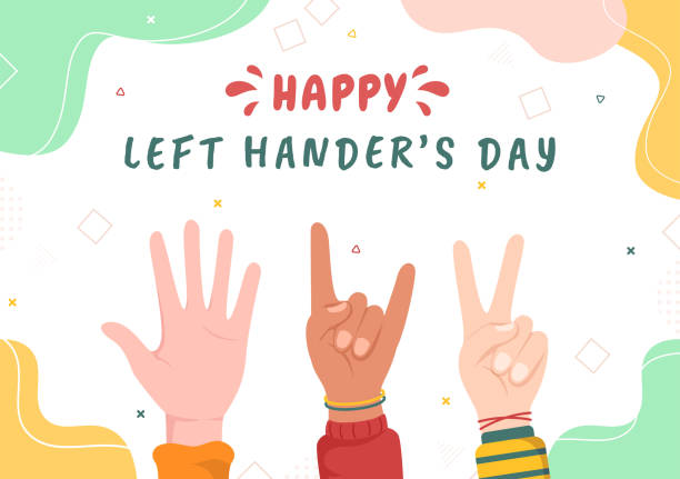 illustrations, cliparts, dessins animés et icônes de célébration de la journée internationale des gauchers avec sa main gauche levée au mois d’août dans une illustration de fond de style bande dessinée - left handed