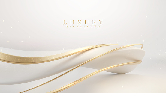 White luxury background with golden curve line element and glitter light effect decoration.