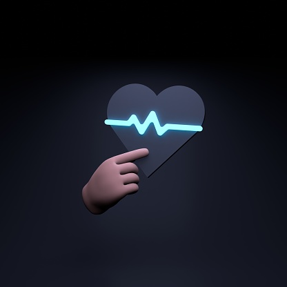 A hand holds a heart with a pulsation on a black background. 3d render illustration. High quality 3d illustration
