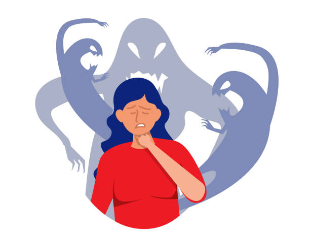 istock woman fear and crying with imaginary ghosts flying around her Mental disorder and diseases, psychopath or schizophrenic person. Vector in flat style 1404985293