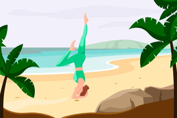 ilustrações de stock, clip art, desenhos animados e ícones de a woman does yoga - stretch beach