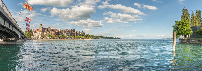 Lake Constance near old Rhine Bridge. Panorama, panoramic. Contance, Baden Wuerttemberg, Germany.