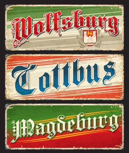 Vector illustration of Wolfsburg, Cottbus, Magdeburg German travel plates