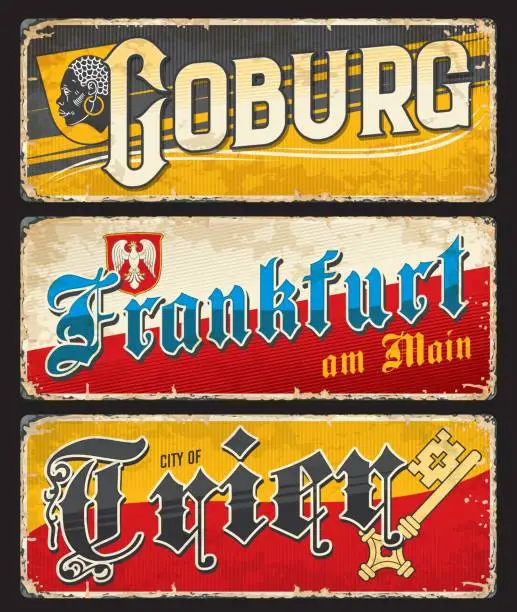 Vector illustration of Trier, Coburg, Frankfurt German city travel plates