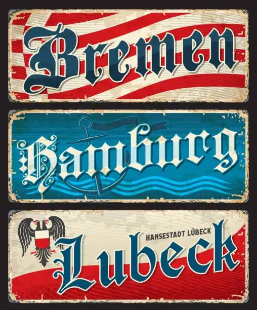 Vector illustration of Lubeck, Bremen, Hamburg, German city travel plates