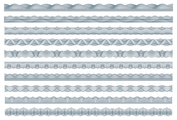 Guilloche borders, bank money, diploma certificate Guilloche borders, bank money, diploma and certificate security frames, vector pattern, Banknote currency guilloche borders for bank voucher or money security seals with watermark line ornament filigree border stock illustrations
