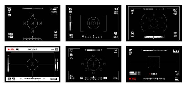 Video and photo camera viewfinder screen frames Video and photo camera viewfinder screen, display frames of video focus, zoom and shutter, vector grid. Viewfinder preview screen of camera record or photo capture view finder UI black interface cctv camera overlay stock illustrations