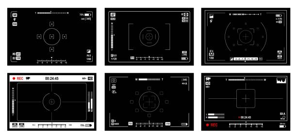 Video and photo camera viewfinder screen frames Video and photo camera viewfinder screen, display frames of video focus, zoom and shutter, vector grid. Viewfinder preview screen of camera record or photo capture view finder UI black interface view finder stock illustrations