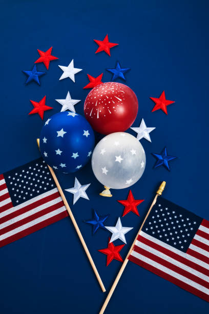 istock Independence Day background with american flags, balloons, stars. 4th july frame 1404989738