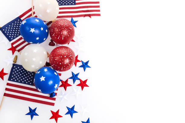 istock Independence Day background with american flags, balloons, stars. 4th july frame 1404989795
