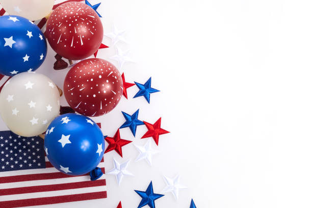 istock Independence Day background with american flags, balloons, stars. 4th july frame 1404989819