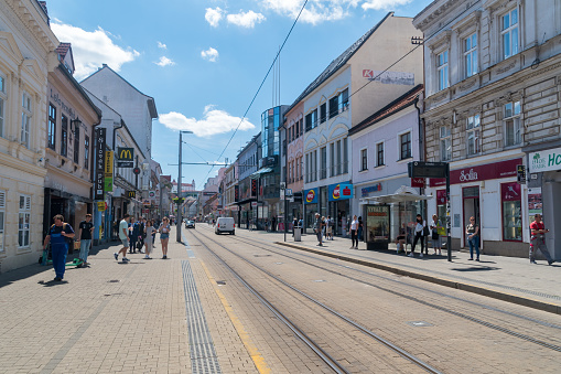Bratislava, Slovakia - May 31, 2022: Obchodna street in old town of Bratislava. Street with tram track.