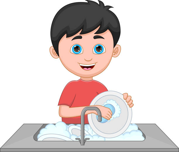 ilustrações de stock, clip art, desenhos animados e ícones de little boy washing dishes on white background - domestic room child cartoon little boys