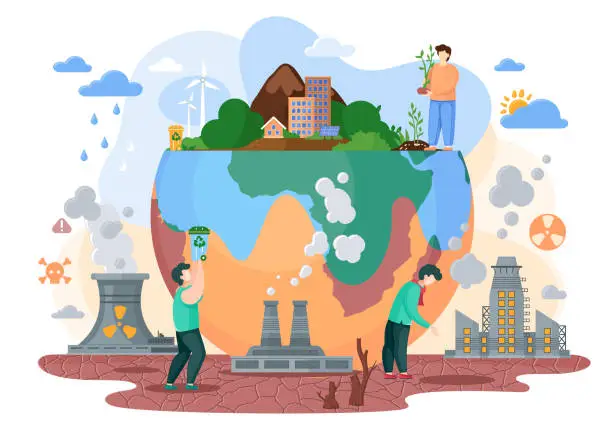 Vector illustration of The Earth suffer from society and it s way of life. Harmful effect of human. Environmental problems