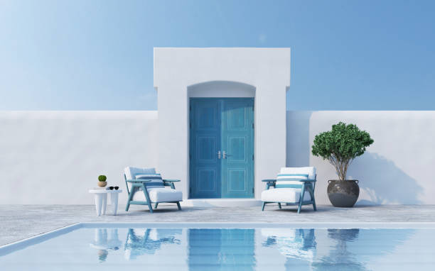 santorini style architecture with armchairs plant door and swimming pool.3d rendering - santorini door sea gate bildbanksfoton och bilder