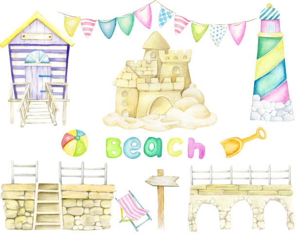 ilustrações de stock, clip art, desenhos animados e ícones de watercolor set, beach house, lighthouse, flags, jetty, ball, sand castle, shovel. watercolor illustration, on an isolated background, on the theme of the beach and summer. - sand sandcastle built structure apartment