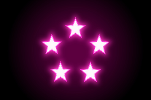 5 stars neon glowing icon sign on black background