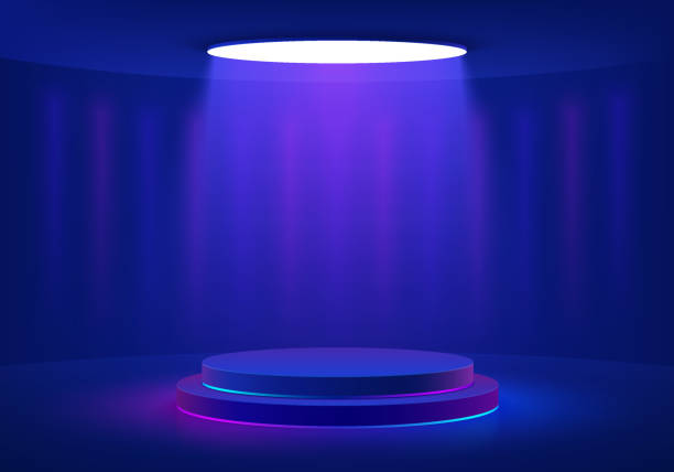 istock Realistic dark blue cylinder pedestal podium with glowing  round ceiling neon light in futuristic style. Minimal scene for mockup products, Stage showcase, Promotion display. Vector abstract 3D room. 1404998756