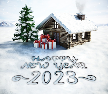 Happy new year 2023 greeting card with cottage, pine tree and giftboxes on snow.