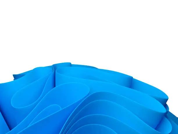 3d wallpaper blue shape windows 11 style. Wavy swirly fabric on white isolated background. 3d rendering illustration.