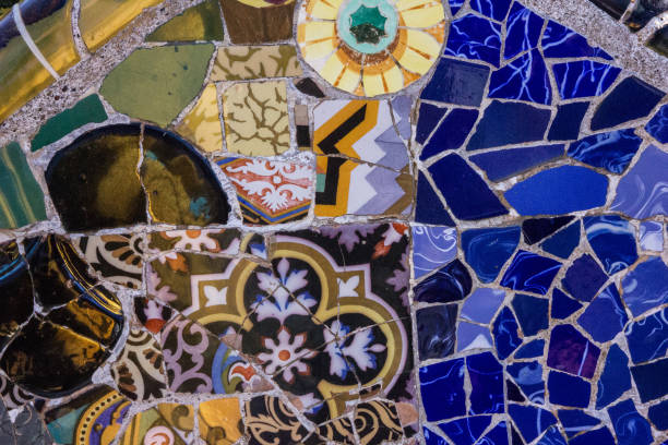 istock Park Guell, Barcelona. Broken glass ceramic multicolor tile, Spain. 1405000234