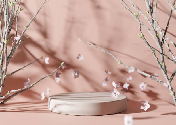 istock Podium with flying flowers. Elegant scene for product, cosmetic presentation. Mock up. Spring mood, blossom. Pedestal, platform for beauty products. 3D rendering. 1405003003