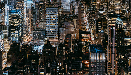 Aerial View of Buildings in Manhattan at Night / NYC