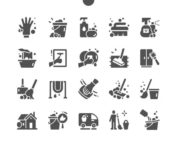 Vector illustration of Cleaning. Furniture cleaning. Wash dishes. Cleaning worker. Carpet cleaning. Vector Solid Icons. Simple Pictogram