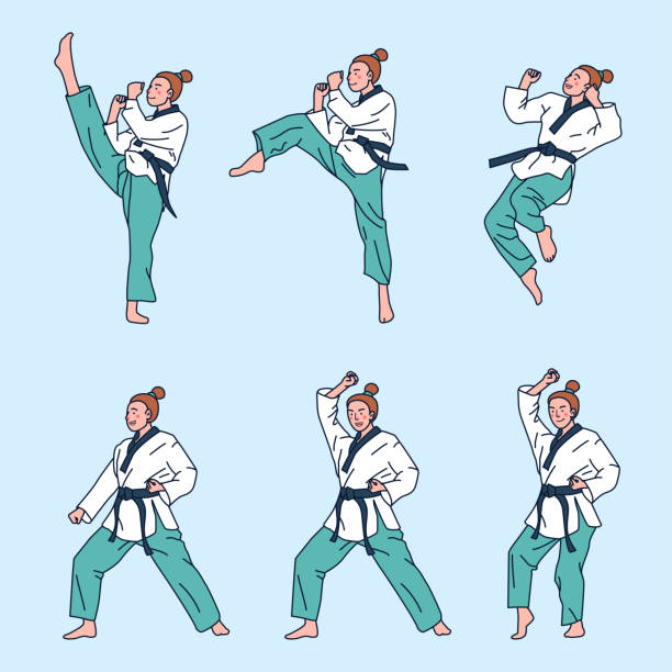 ilustrações de stock, clip art, desenhos animados e ícones de set of sport woman with judo or taekwondo players - wasting time