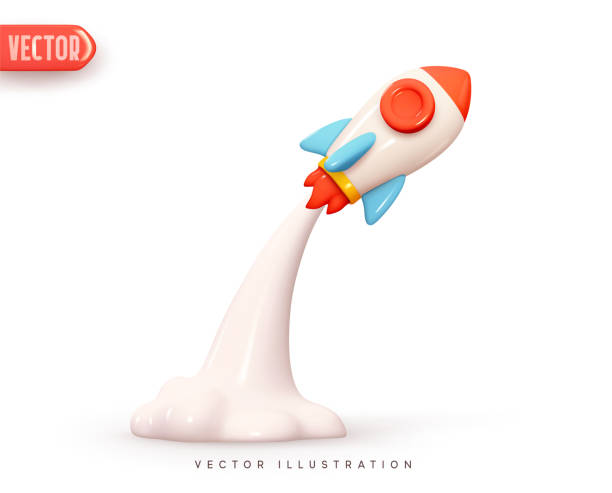 Upward launch space rocket with white smoke from turbines Upward launch space rocket with white smoke from turbines. Isolated spaceship in cartoon style. Rocket 3d icon. Realistic creative conceptual symbols. Business product on market. vector illustration 3d corporate logo stock illustrations