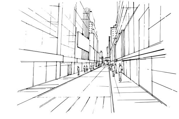 istock Line drawing of a large city in a pedestrian perspective,modern design,vector,2d illustration 1405008223