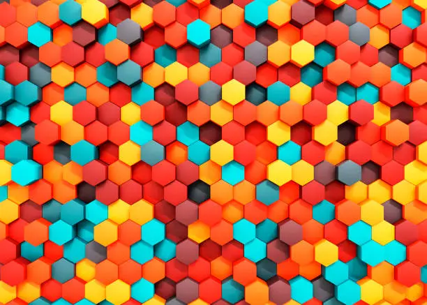 3D rendering colorful abstract geometric wall with hexagon shapes. Background horizontal format with pastel colors and offset elements. 3d image.