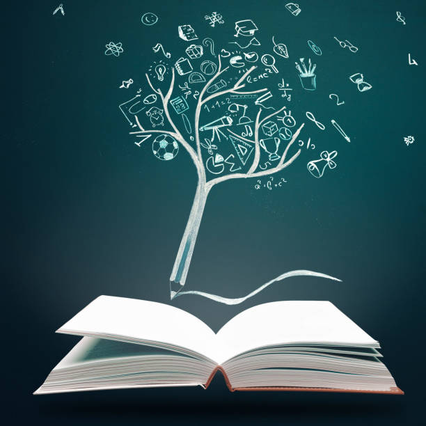 istock Education concept, studying, knowladge. Open book with pencil tree and hand drawn school doodle icons. Learning symbol. 1405010875