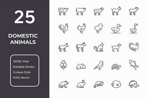 Domestic Animals Editable Stroke Line Icons. Perfect Pixel, 32x32 pixel grid, customizable colors unique style vector icons.