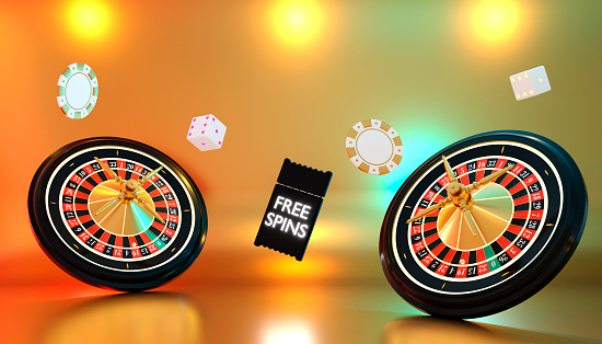 Realistic 3D roulette wheel and coupon black color with Free Spins on neon background. Realistic casino roulette table,flying chips, play card and playing dice. Gambling concept design. 3d rendering.