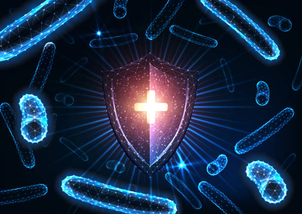 Futuristic immunity, antibacterial medical protection concept with glowing shield and bacteria Futuristic immunity, antibacterial medical protection concept with glowing low polygonal shield and bacteria on dark blue background. Modern wire frame mesh design vector illustration. disinfection stock illustrations