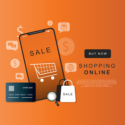 layout online shopping on the shopping application app with Smartphone with a shopping bag, credit card or cart, for advertising. illustration