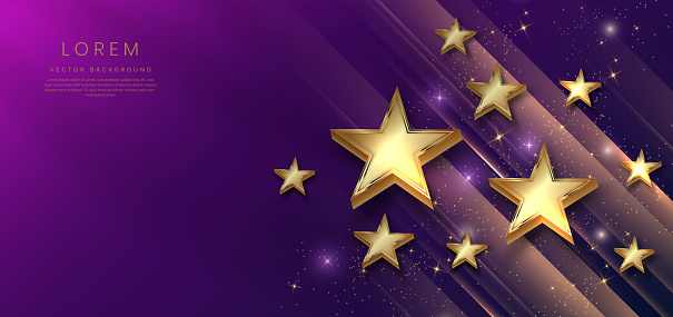 Abstract luxury golden stars on dark blue and purple background with lighting effect and spakle. Template premium award design. Vector illustration