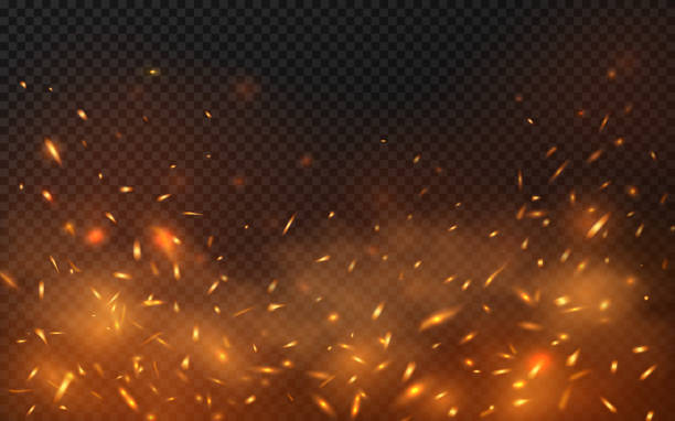 Fire sparks background on transparent. Vector hot sparks, embers burning cinder and smoke flying in air. Realistic heat effect with glow and sparks from bonfire. Flying up fiery particles vector art illustration