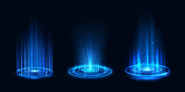 Futuristic hologram, realistic teleportation portals set. Vector illustration of light aura and glowing hologram. Energy circles and rays on black background. Portal, magic teleport or level up effect vector art illustration
