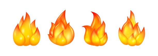 feuern sie realistische 3d-symbole. vektor brennende lagerfeuerflamme, lagerfeuer funkelt illustration. orange und gelb beschuldigen feuer, brennbares objektzeichen, inferno-zündung - flame fire fireball exploding stock-grafiken, -clipart, -cartoons und -symbole